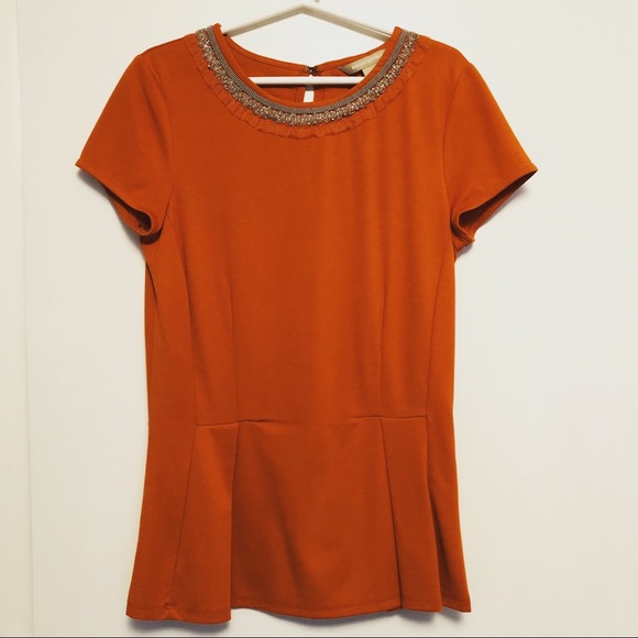 BR Rust Orange Beaded Peplum Top - Picture 2 of 6